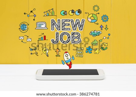 New Job concept with smartphone on yellow wooden background