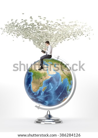Man with book sitting on terrestrial globe, dollar tornado over him. Concept of studying. Elements of this image furished by NASA.
