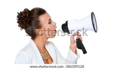 Business woman with megaphone yelling and screaming isolated on white background 