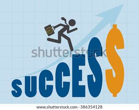 Businessman jump up the success lettering with dollar sign.