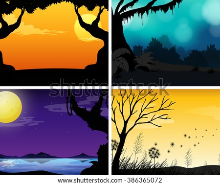 Four scenes of nature with colorful background illustration