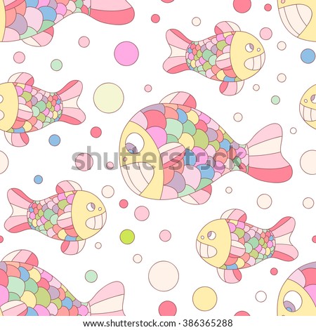 Cute sea vector seamless pattern with cute fish and bubbles.