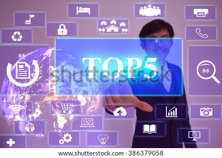 TOP5 concept  presented by  businessman touching on  virtual  screen ,image element furnished by NASA Royalty-Free Stock Photo #386379058