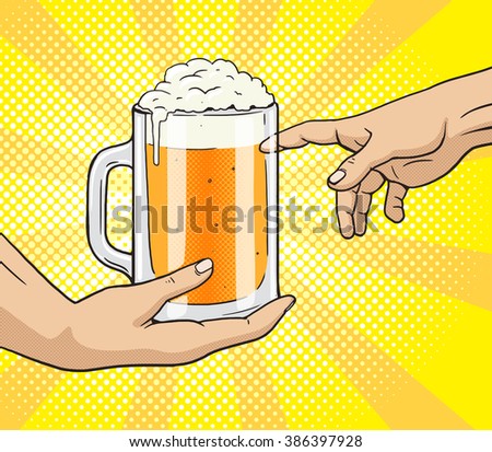 Hand gives a mug of beer to other hand pop art style raster illustration. Comic book style imitation. Classic art painting imitation. Funny image with toilet paper