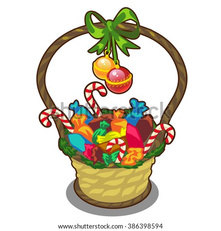 Wicker basket with candy and other sweets. Vector illustration.