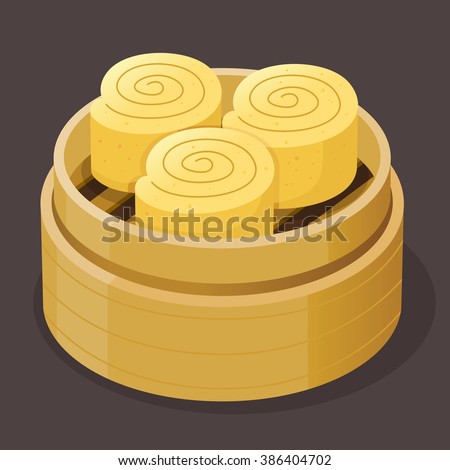 Steamed custard roll sponge cake dim sum on a bamboo tray, vector illustration