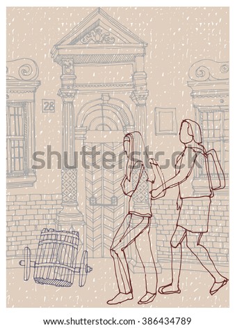 Scene street illustration. Hand drawn ink line sketch European old town, door,stones, exterior in outline style. Ink drawing of perspective view. Travel postcard.