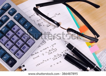 Office table desk with set of Office Stationery or Math Supplies.