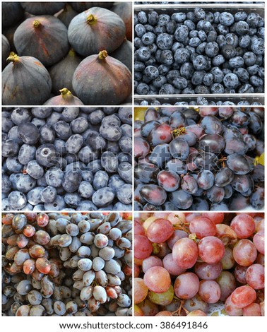 Collage of healthy organic blue and violet berries - blueberries, figs, grapes