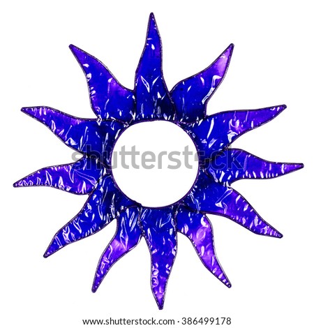 object shaped as blue sun and made of glass on white background