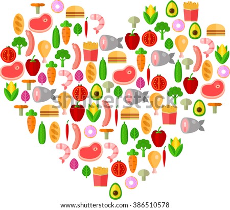 Vector Illustration Of Food Collage In Cartoon Style In Color In Heart Shape. Perfect For Book Cover, Poster, Wallpaper And Wrapping Paper