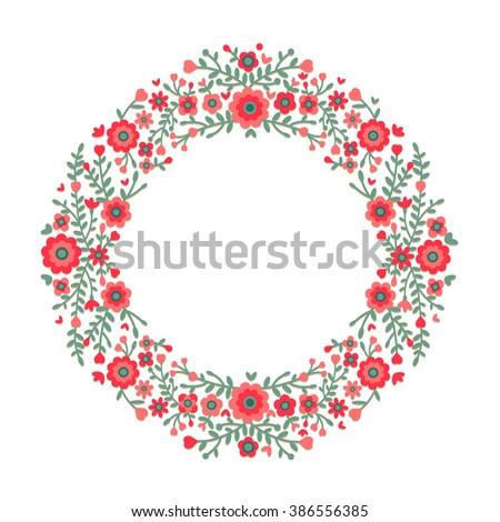 Floral wreath isolated on white background. Pink and blue flowers. Vector floral frame. Cute retro flowers arranged in the shape of a wreath is perfect for wedding invitations and greeting cards.