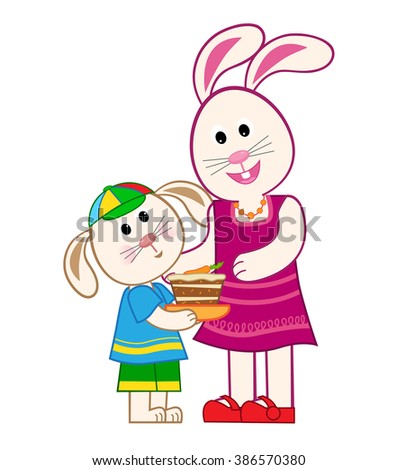 Mother Bunny and Son - Cute bunny boy gives his mother a carrot cake. Eps10