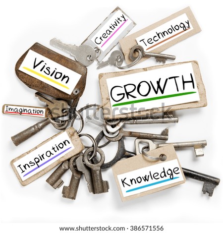 Photo of key bunch and paper tags with GROWTH conceptual words