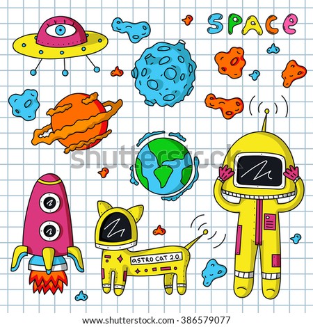 Vector colorful stickers of astronaut, planets, ufo, rocket, cosmo cat and asteroids on white background.
