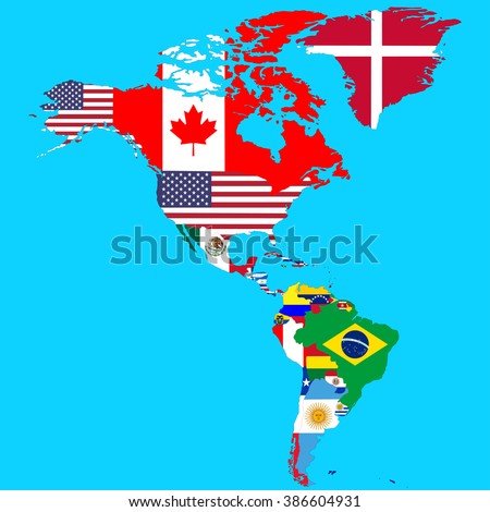 Political map of North and South America, with flags of countries. Vector illustration. Isolated on blue