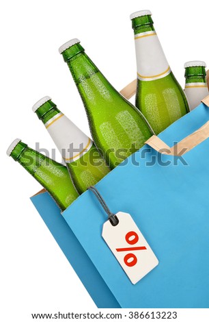 Bag with green beer bottles and percentage symbol isolated on white background. Discount concept