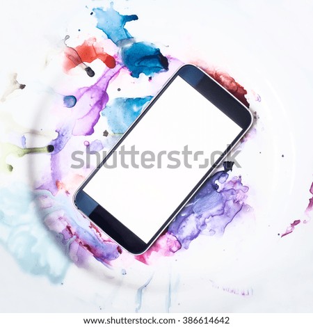 Mobile Smartphone with blank white screen on art background