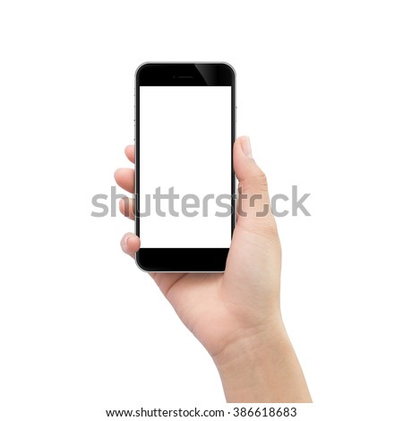 hand holding black phone isolated on white clipping path inside Royalty-Free Stock Photo #386618683