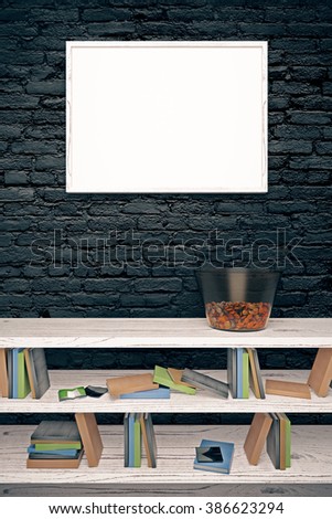 Blank picture frame hanging on a black brick wall above light wooden bookshelf with vase. Mock up, 3D Render