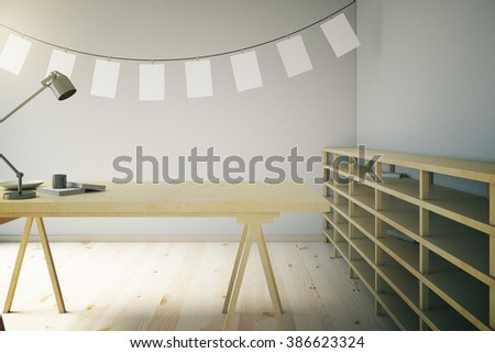 Wooden photo studio design with blank pictures on the wall, table with lamp and shelves. 3D Render