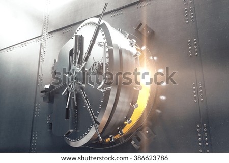 Closeup of an open bank vault door with golden light peeking from inside. 3D Render Royalty-Free Stock Photo #386623786