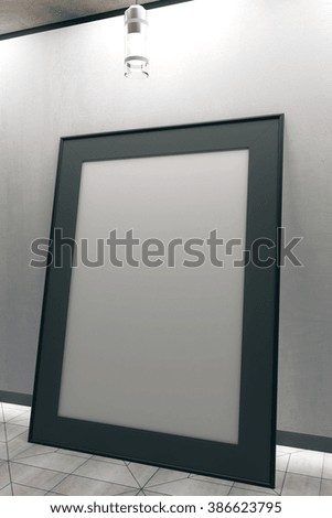 Blank grey picture frame with black edging, leaning on concrete background. Mock up, 3D Render