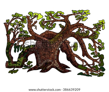 Old Magic Tree vector zen tangle and doodle. Zentangle coloring book.