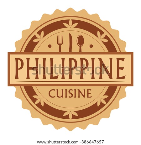 Abstract stamp or label with the text Philippine Cuisine written inside, traditional vintage food label, with spoon, fork, knife symbols, vector illustration