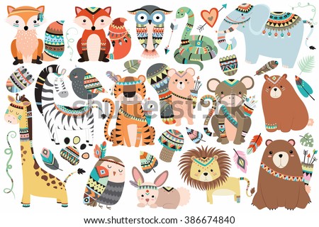 Woodland and Jungle Tribal Animals Isolated Vector Set