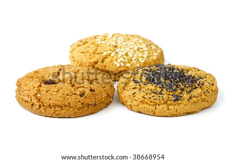 Three oatmeal cookies isolated on the white background