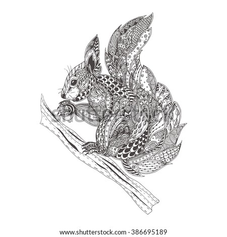 Squirrel with ethnic doodle pattern. Coloring page - zendala, for  relaxation and meditation for adults, vector illustration, isolated on a white background. Zendoodles.