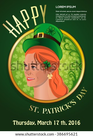 Beautiful red-haired girl in a green leprechaun hat. Face cute Irish girl. Red-haired woman smiling. Happy St. Patrick's Day. 17 March. Vector illustration.