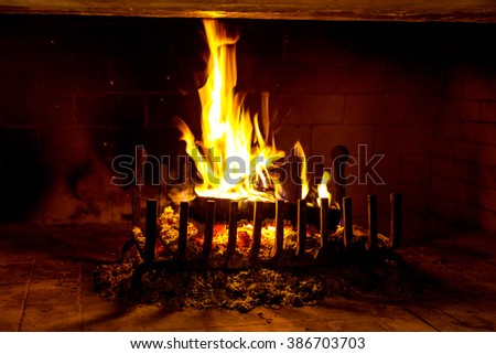 Traditional fireplace with burning firewood and charcoal in modern interior. Beautiful view of fire in fireplace create warm and cozy picture. As background for design