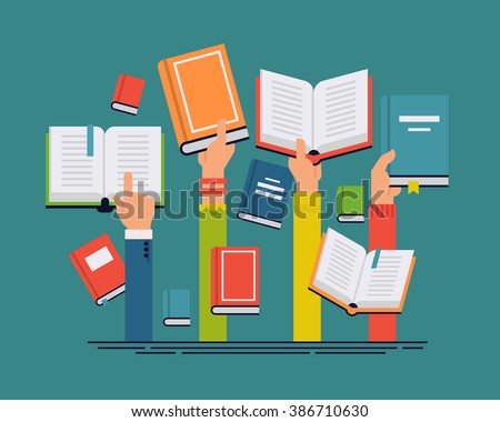 Vector set of people hands holding books. People reading books abstract concept layout. Ideal for book, reading themed banners, posters and flyers