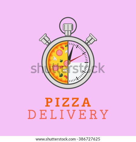 Pizza delivery vector company logo template with sample text , stopwatch in pizza and delivery time
