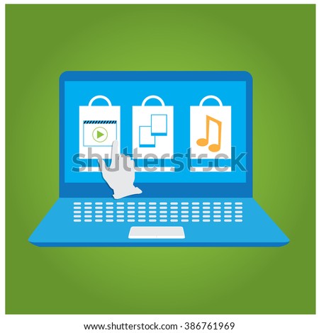 Isolated computer with different shopping bags and icons on a green background