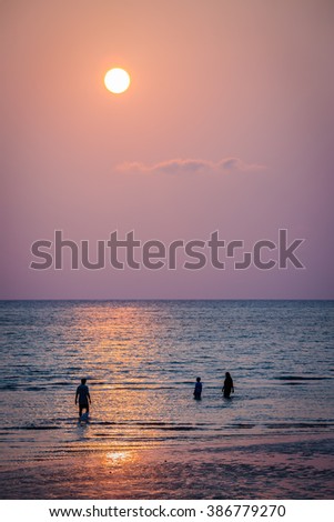 Golden sea beach in sunset time