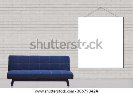 blue sofa seat and white Billboard on  brick wall background : interior and business concept