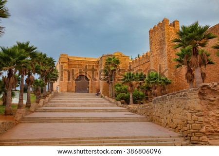 Bab el Kebir, main gate of Kasbah of the Udayas, small fortified kasbah in Rabat, Morocco Royalty-Free Stock Photo #386806096