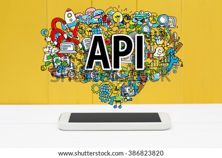 API concept with smartphone on yellow wooden background
