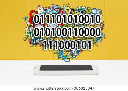 Binary Code concept with smartphone on yellow wooden background