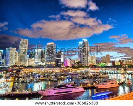 Skyline of Miami at sunset, Florida.