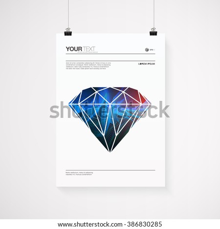 A4 / A3 format poster design with your text, minimal stylized colorful diamond, paper clips and shadow 
Eps 10 stock vector illustration  