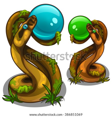 Two bronze statues in the form of snakes, holding a glass ball. Vector illustration.