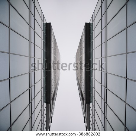 Urban Geometry, glass building. modern architecture, glass and steel. Abstract architectural design. Inspirational, Symmetry. Industrial design. .Modern building. Look up.