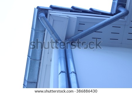 Rain gutters are attached to the roof and exterior walls
