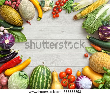 Healthy and Fresh vegetables. Studio photo of different fruits and vegetables on white wooden table. High resolution product.