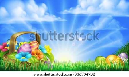 Easter scene. Basket full of decorated chocolate Easter eggs and flowers in a field