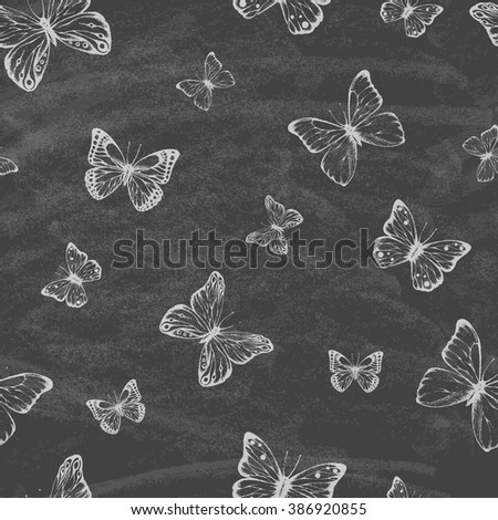 Set of hand drawn butterflies on the blackboard. Entomological collection of highly detailed hand drawn butterflies. Retro vintage style. Vector illustration. Seamless pattern.
